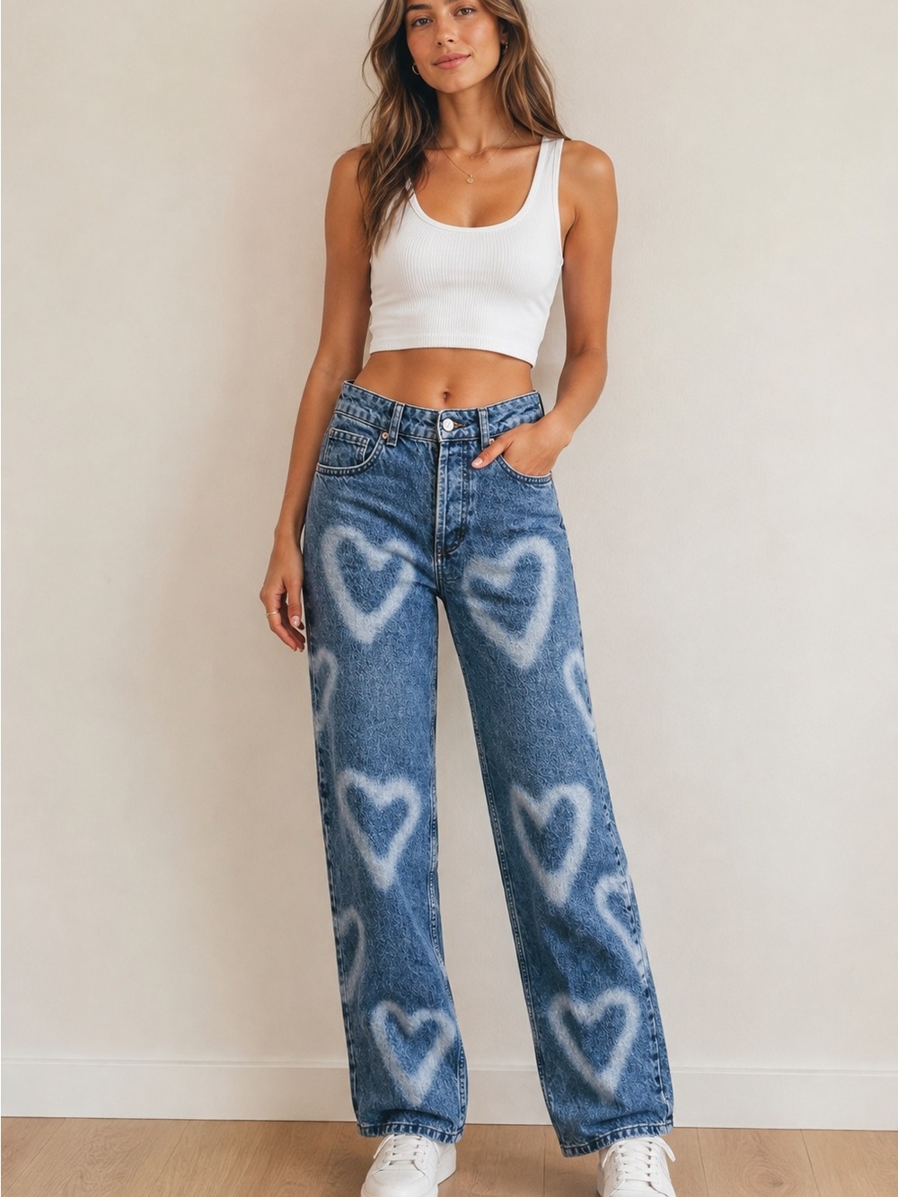 Topshop Blue Heart Print Baggy Jeans, Size 24 Petite